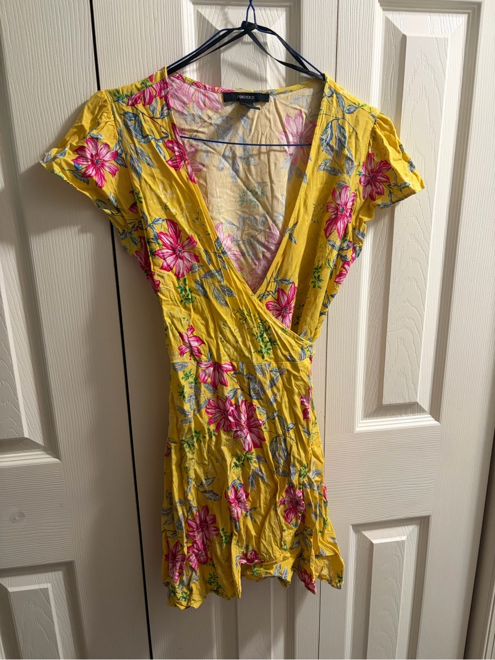 Forever 21 Yellow Floral Wrap-Style Mini Dress with Pink Blooms